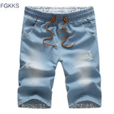 FGKKS 2017 Summer Style Men Short Jeans Brand Cotton Straight Ripped Holes Knee Length Shorts Jean Elastic Denim Shorts