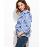 FF Blue Pink Striped Ruffle Blouse Women 2017 Spring Summer Long Sleeve Ruffles Blouse Shirts Women Casual Blouses Tops Female