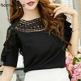 New Hot 2018 Women Summer Blouse Plus Size Short Sleeve Hollow Out Ruffles Blouses OL Work Sliod Women Ladies Top shirt White