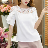 New Hot 2018 Women Summer Blouse Plus Size Short Sleeve Hollow Out Ruffles Blouses OL Work Sliod Women Ladies Top shirt White