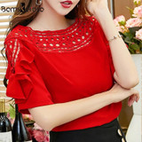 New Hot 2018 Women Summer Blouse Plus Size Short Sleeve Hollow Out Ruffles Blouses OL Work Sliod Women Ladies Top shirt White