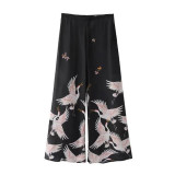 Summer Cool Trousers Pants 2017 For Women Wild Crane Print Chiffon Fashion Female Wide Leg Pants