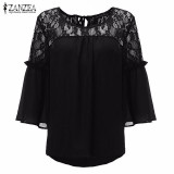 Summer Autumn 2017 Women Shirts Hollow Out Sexy Lace Patchwork Chiffon Blouses Casual Loose Flare Sleeve Solid Blusas Tops