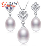 DAIMI Natural Pearl Necklace Earrings Silver Sets, Brand Jewelry Cedar 8-9mm White Cultured Pearl Sets, Trendy Jewelry Sets