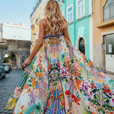CWLSP Shirred floral Summer Chiffon maxi Dress For Women Sexy Long Beach dresses Strap Holiday Vestido robe femme QL3652