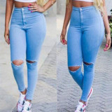 CWLSP 2017 Spring Skinny High waist Jeans Women Capris Knee Torn Hole Stretched Trousers Vintage Denim Ripped Jeans Pencil Pants