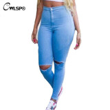 CWLSP 2017 Spring Skinny High waist Jeans Women Capris Knee Torn Hole Stretched Trousers Vintage Denim Ripped Jeans Pencil Pants