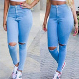 CWLSP 2017 Spring Skinny High waist Jeans Women Capris Knee Torn Hole Stretched Trousers Vintage Denim Ripped Jeans Pencil Pants