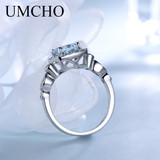 UMCHO Real S925 Sterling Silver Rings for Women Blue Topaz Ring Gemstone Aquamarine Cushion Romantic Gift Engagement Jewelry