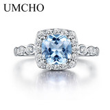 UMCHO Real S925 Sterling Silver Rings for Women Blue Topaz Ring Gemstone Aquamarine Cushion Romantic Gift Engagement Jewelry