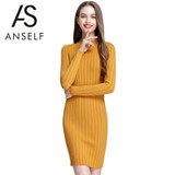 ANSELF Winter Women Bodycon Knitted Dress O-Neck Long Sleeve Stretchy Sweater Dress Elegant Slim Warm Basic Pullover Knitwear
