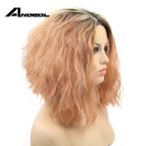 Anogol Transparent Glueless Heat Resistant Fiber Hair Water Wave Ombre Pink Short Bob Synthetic Lace Front Wigs With Dark Roots