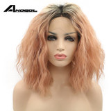 Anogol Transparent Glueless Heat Resistant Fiber Hair Water Wave Ombre Pink Short Bob Synthetic Lace Front Wigs With Dark Roots