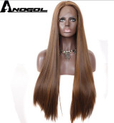 Anogol Long Straight Synthetic Lace Front Wig Dark Brown Glueless Heat Resistant Fiber Hair Wigs For Women Cooper Red Auburn