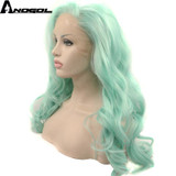 Anogol Glueless High Temperature Heat Resistant Fiber Hair Long Body Wave Mint Green Synthetic Lace Front Wig for Drag Queen