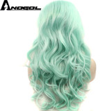 Anogol Glueless High Temperature Heat Resistant Fiber Hair Long Body Wave Mint Green Synthetic Lace Front Wig for Drag Queen