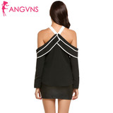 ANGVNS Women Halter Chiffon Blouse Off the Shoulder Long Sleeve Bow Tie Ruffle Collar Sexy Party 2018 Autumn Chiffon femme Tops