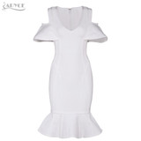Adyce 2017 Sexy Women Bandage Dress White V Neck Short Sleeve Vestidos Ruffles Mid-Calf Length Celebrity Evening Party Dresses