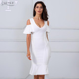Adyce 2017 Sexy Women Bandage Dress White V Neck Short Sleeve Vestidos Ruffles Mid-Calf Length Celebrity Evening Party Dresses