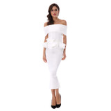 Adyce 2017 New Women Bodycon Dress White Slash Neck Short Sleeve Vestidos Bow&amp;Ruffles Ankle Length Celebrity Evening Party Dress