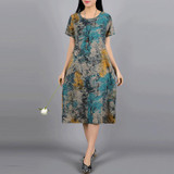 Borisovich New 2017 Summer Reminiscence Vintage Printing Fashion Casual Cotton Linen Plus Size Short Sleeve Women Dresses M97