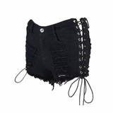 BONJEAN Sexy summer women denim black ripped short jeans high waisted  elastic lace up bandage jean shorts hotpants
