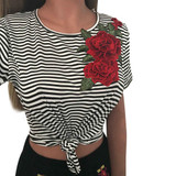 BONJEAN Harajuku T Shirt Women sexy lovely rose Appliques Short Sleeves summer tee Tops Shirt o-neck Women Tshirt Camisetas