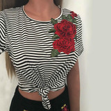 BONJEAN Harajuku T Shirt Women sexy lovely rose Appliques Short Sleeves summer tee Tops Shirt o-neck Women Tshirt Camisetas