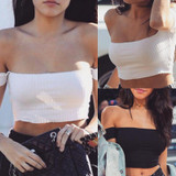 BONJEAN 2017 Brand T Shirt Women Off Shoulder Crop Tops Black White Ribbed T-shirt Kyliejenner Sexy Tee Shirt Femme Tops
