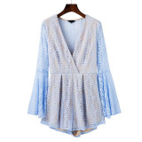 BONGOR LUSS Lace Women Rompers Deep V-Neck Flare Sleeve Hollow Out Sexy Romper Women Casual White Blue Short Jumpsuits Playsuit