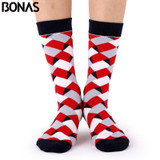 Bonas Geometry 3D Print Socks Women Wedding Gift Casual Cotton Hosiery Meia Colorful Men's Business Sox Hot Sale Christmas Socks