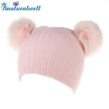 Bnaturalwell Fashion Baby Fox Fur Hat Girls Boys 100% Real Fur pompoms Ball Baby Winter Beanies Cap Knitted beanies H064D