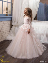 Blush Pink Long Sleeve Flower Girl Dresses for Wedding 3D Flowers Ball Gown 2017 Little Girls Communion Party Pageant Dress F44