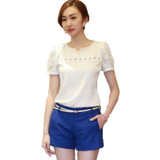 blusas S~XXL Camisas Blusas Femininas  Women Tropical Blusa Lace Short Sleeve Shirt V Neck Doll Chiffon Tops Women Blouses A727