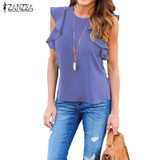 Blusas Femininas 2018 Summer ZANZEA Women Sexy Blouse O Neck Sleeveless Ruffles Casual Solid Shirts Elegant Plus Size Tee Tops