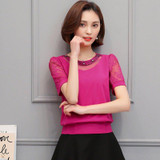 Blusas Femininas 2018 Summer Lace Shirt Plus Size Diamonds Tops Chiffon Short Sleeve Womens Blouses Red Black White Pink