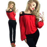 Blusas Femininas 2017 Autumn Spring Women Ladies Sexy Lace Chiffon Off Shoulder Tops Casual Long Sleeve Blouse Shirt Plus Size