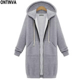 Blue Thick Long Zipper Hoodies for Ladies Fashion Women Oversize with Hat 2018 Winter Full Sleeve Cotton Black Gray Sweatshirts