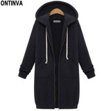 Blue Thick Long Zipper Hoodies for Ladies Fashion Women Oversize with Hat 2018 Winter Full Sleeve Cotton Black Gray Sweatshirts