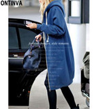 Blue Thick Long Zipper Hoodies for Ladies Fashion Women Oversize with Hat 2018 Winter Full Sleeve Cotton Black Gray Sweatshirts