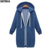 Blue Thick Long Zipper Hoodies for Ladies Fashion Women Oversize with Hat 2018 Winter Full Sleeve Cotton Black Gray Sweatshirts