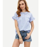 Blue Striped Peter Pan Collar Blouse Women 2017 Summer Short Sleeve Ruffle Shirts Blouse Women Casual Cute Blouse Shirts Female