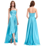 Blue Short Front Long Back Prom Dresses 2017 High Low Prom Dress Evening Party Gown Sexy Satin Pleated Strapless Dress 0112
