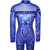 Blue Rompers Womens Jumpsuit Romper Sexy Gold Geometric Tattoo Sequin Jumpsuit Women Long Sleeve Sequined Women Bodysuit Catsuit