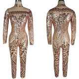 Blue Rompers Womens Jumpsuit Romper Sexy Gold Geometric Tattoo Sequin Jumpsuit Women Long Sleeve Sequined Women Bodysuit Catsuit