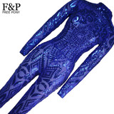 Blue Rompers Womens Jumpsuit Romper Sexy Gold Geometric Tattoo Sequin Jumpsuit Women Long Sleeve Sequined Women Bodysuit Catsuit