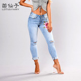 Blue low waist pencil Ripped embroidery jeans woman Stretch Skinny freddy vintage denim pants boyfriend Elastic trousers female