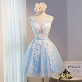 Blue Lace Cocktail Dresses Scoop Neck Tank Appliques Knee-Length A-Line Cocktail Party Dress robe de cocktail