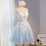 Blue Lace Cocktail Dresses Scoop Neck Tank Appliques Knee-Length A-Line Cocktail Party Dress robe de cocktail