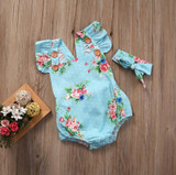 Blue Floral Romper headband Baby Girls Cute ruffles Floral backless Romper One-piece Sunsuit Headband Clothes Set